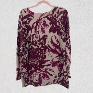 Soft Surroundings Women Medium Floral Sweater Beige Burgundy Pink Cotton Knit